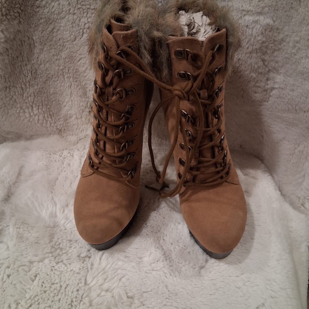 Shoe Dazzle Tan Fur-Trimmed Heeled Boots - Picture 5 of 6
